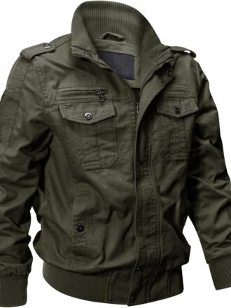 Men's Cotton Lightweight Multi Pockets Zip Front Stand Collar Military Jackets Windbreaker